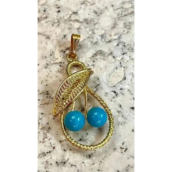 Womens Gold Turquoise Stone Detail Vintage Twisted Pendant - Picture 1 of 5